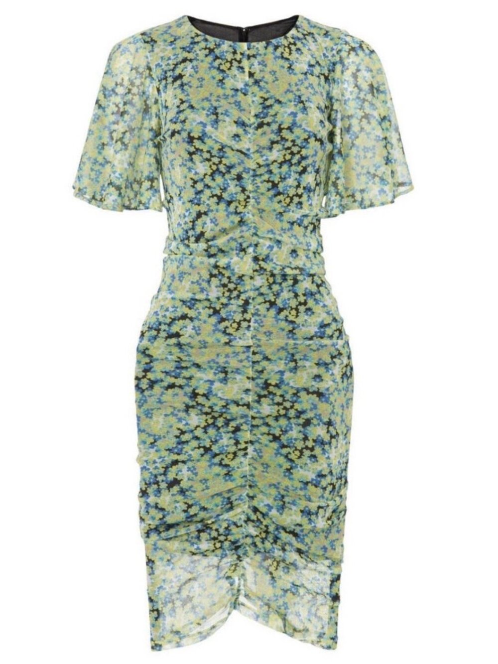 Saunders Collective Mesh Ruched Midi Dress Y2K Style Floral Green Bodycon, 14